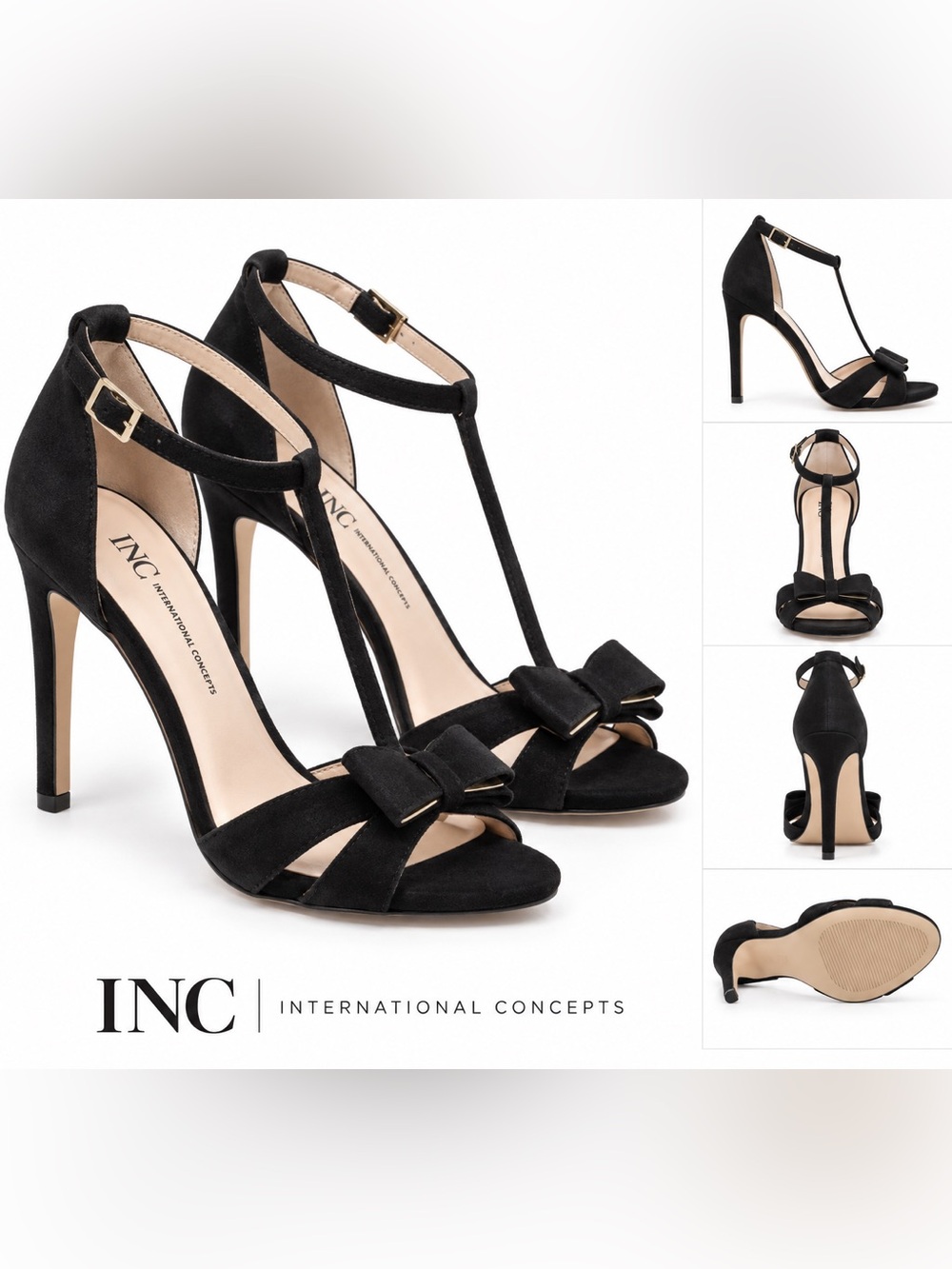 INC International Concepts Reesie Black Leather Bow Heels. 7.5‎